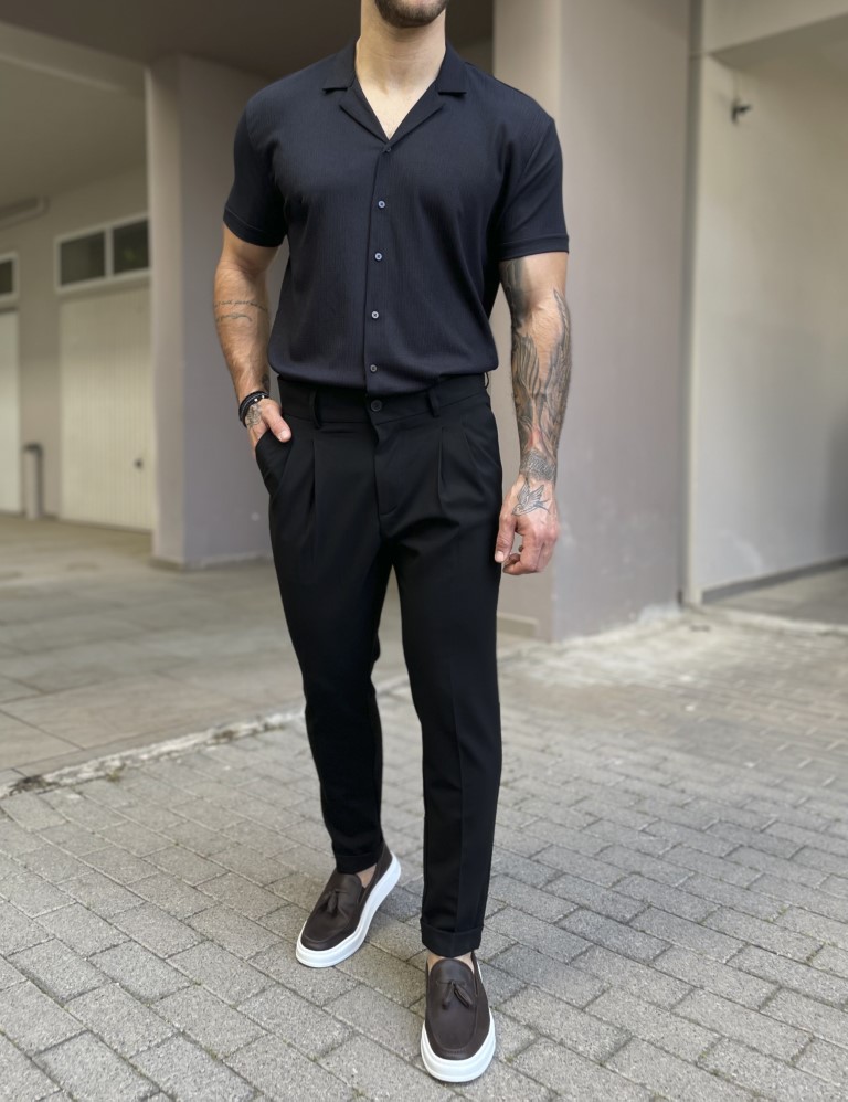 Ανδρικό μαύρο υφασμάτινο παντελόνι με πιέτες και φάσα στην μέση FCL00395 φωτογραφία